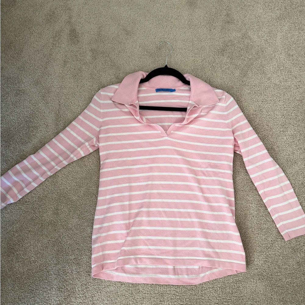 J. McLaughlin Pink and White Striped Long Sleeve Polo Top